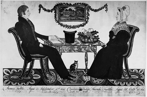 AMERICAN COUPLE, 1836. American couple James and Sarah Tuttle with their pet cat