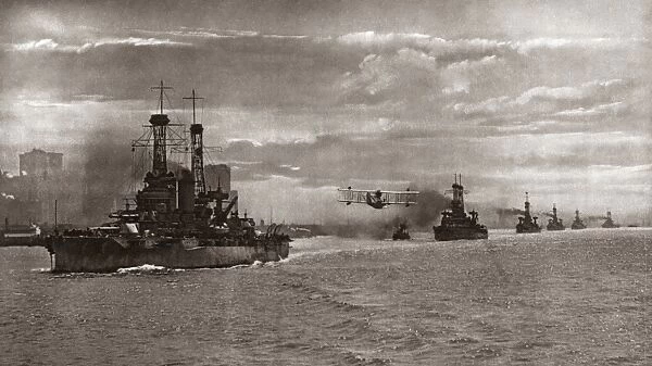 American Dreadnoughts and Superdreadnoughts steaming into New York Harbor, New York. Photograph, April 1919