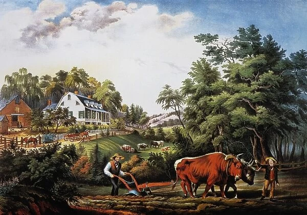 AMERICAN FARM SCENE, 1853. American Farm Scenes--No. 1. Lithograph, 1853, by Nathaniel Currier
