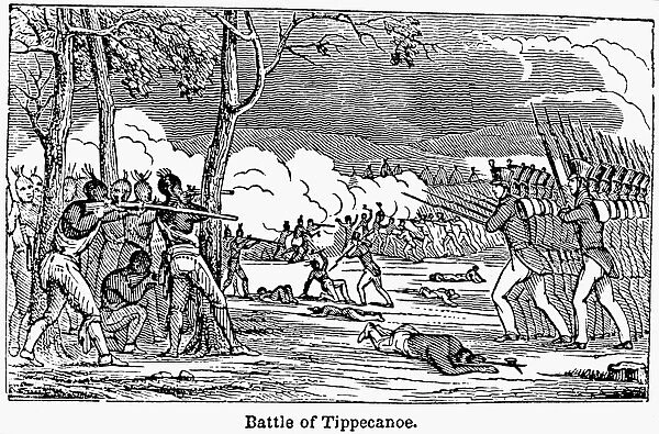 American forces attacking the Shawnee Native Americans at the Battle of Tippecanoe on 7 November 1811. Line engraving, early-19th century