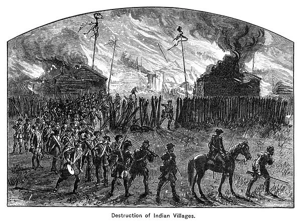 American forces under General John Sullivan destroy an Iroquois village during their campaign through upstate New York, August 1779. Wood engraving, c1880