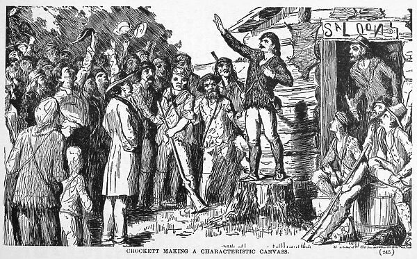 American frontiersman. Congressional candidate Crockett making a stump speech in Tennessee. Line drawing, 19th century