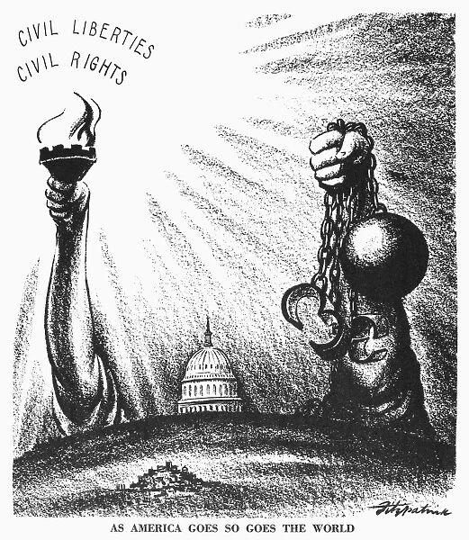 As American Goes, So Goes the World. American cartoon by D. R. Fitzpatrick, 1953, on the emphasis in President Eisenhowers inauguration speech on the importance of preserving freedom at home as well as abroad