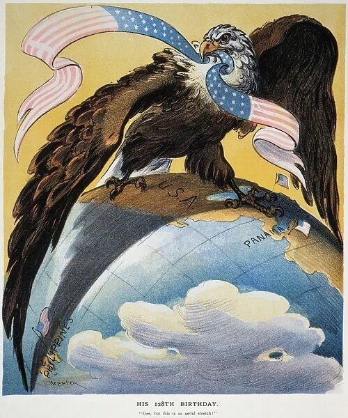 AMERICAN IMPERIALISM, 1904. The Eagle of American Imperialism with wings spread from Puerto Rico to the Philippines. American cartoon, 1904, by Joseph Keppler, Jr