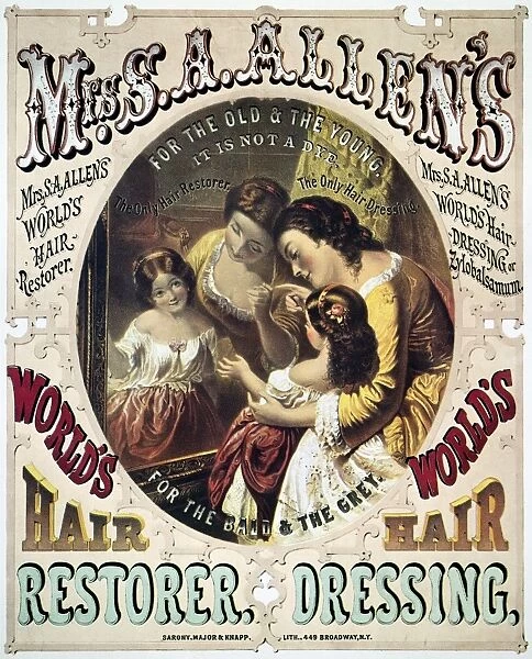 American lithograph poster, c1860, for Mrs. S. A. Allens Worlds Hair Restorer