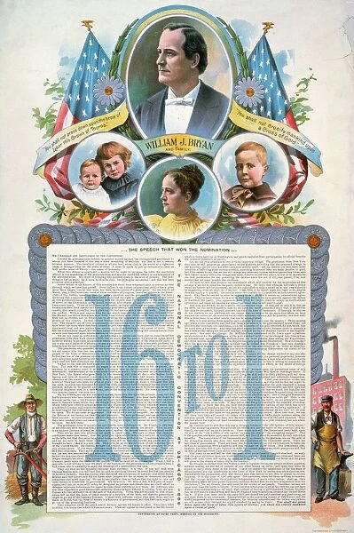 American lithograph poster from the presidential campaign of 1896, bearing the full text of Democratic candidate Willam Jennings Bryans Cross of Gold speech, delivered at the nominating convention