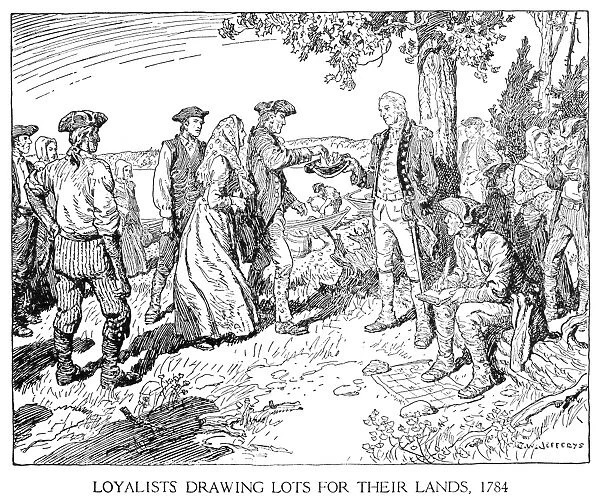 American loyalists drawing lots for their land after arriving in Canada after the end of the American Revolution. Pen-and-ink drawing by Charles W. Jefferys