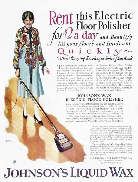AMERICAN MAGAZINE AD, 1926. American magazine advertisement, 1926, for Johnsons Wax electric floor polisher