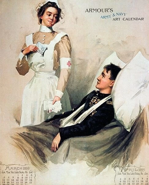 American meatpackers calendar page, 1899, showing a Red Cross nurse comforting a much decorated soldier with a letter from home just after the Spanish-American War. Ironically, more casualties resulted from disease and embalmed-beef than from battle