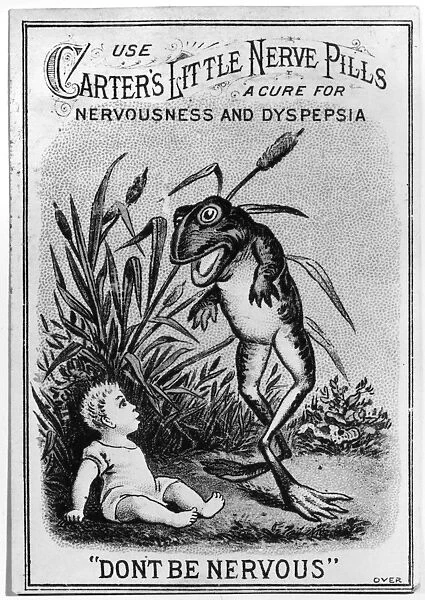 American merchants trade card for Carters Little Nerve Pills to cure nervousness and dyspepsia, 19th century