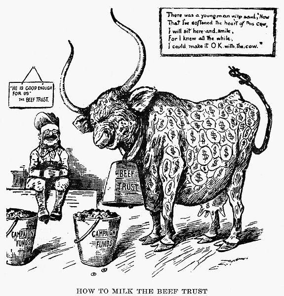 American newspaper cartoon accusing President Theodore Roosevelt of milking the Beef Trust for campaign contributions during the election year of 1904