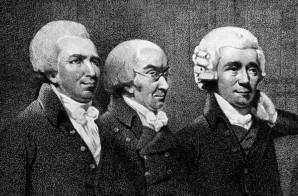 American physician and double agent during the American Revolution. Bancroft, far left, with Dr. Ware and Dr. Thomas Bradley. Detail from an engraved group portrait of the founders of the Medical Society of London, by Samuel Medley, 1801