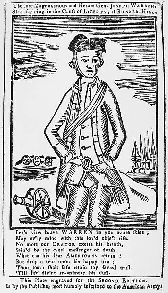 American physician and Revolutionary officer. Woodcut of Warren on the battlefield at Bunker Hill from Georges Cambridge Almanac, 1775
