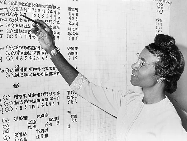 American politician, looking at a list of numbers posted on a wall. Photograph, 1965