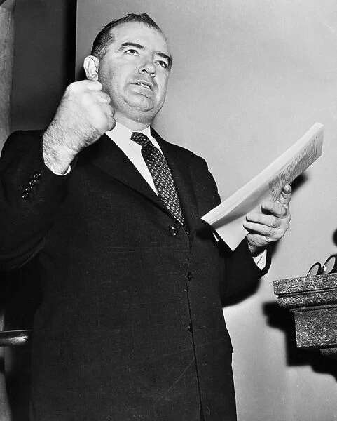 American politician. Photographed after delivering a speech in the U. S. Senate, 16 March 1955, in which he accused President Dwight Eisenhower of breaking a campaign promise to repudiate the Yalta agreements of 1945