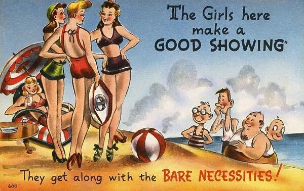 AMERICAN POSTCARD, c1950. The girls here make a good showing: they get along with the bare necessities! Drawing, c1950, by Bud Dudley