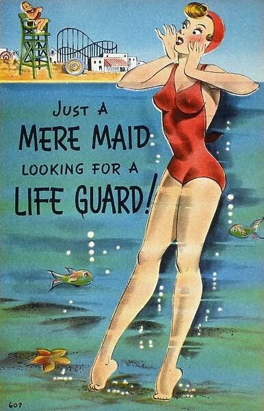 AMERICAN POSTCARD, c1950. Just a mere maid looking for a lifeguard