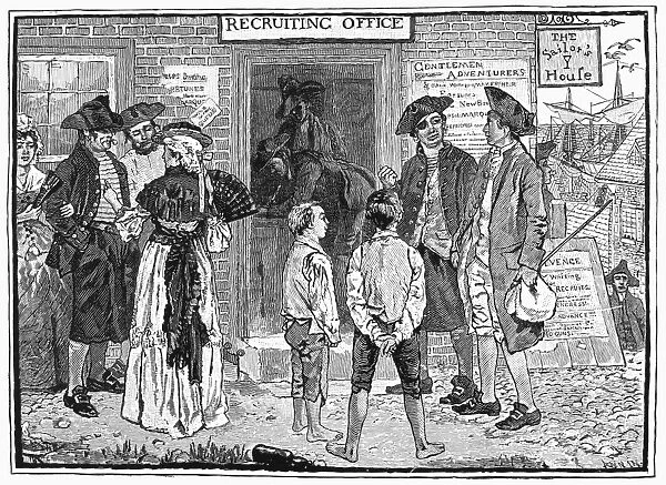 American privateers gathered outside an American Revolutionary War recruiting office at New London, Connecticut, c1778. Wood engraving, American, 1879, after Howard Pyle