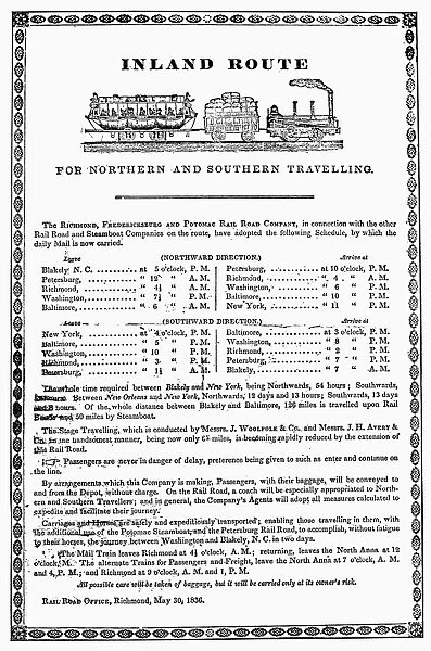 AMERICAN RAILROAD, 1836. Broadside advertisement for inland railroad and steamer