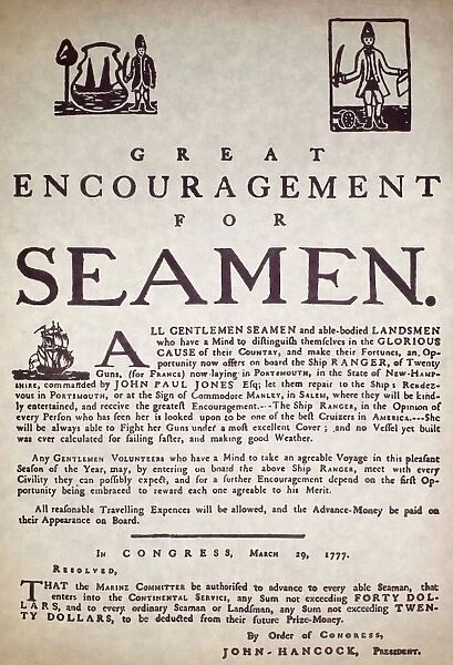 An American recruiting poster of the Revolutionary War, calling for men to serve in the Continental Navy on John Paul Jones ship Ranger, printed at Danvers, Massachusetts, 1777