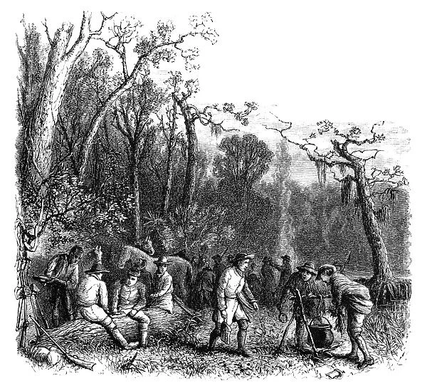 American Revolutionary soldier and commander. Fancis Marion, known as the Swamp Fox and his men at their camp in South Carolina during the American Revolutionary War. Wood engraving, American, 1881