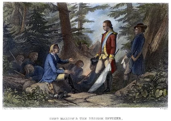 American revolutionary soldier. Francis Marion inviting a British officer to dine with him on roasted sweet potatoes and cold water: steel engraving, 19th century