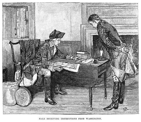 American Revolutionary soldier. Hale receiving instructions from General George Washington. Wood engraving, 1880, after Howard Pyle