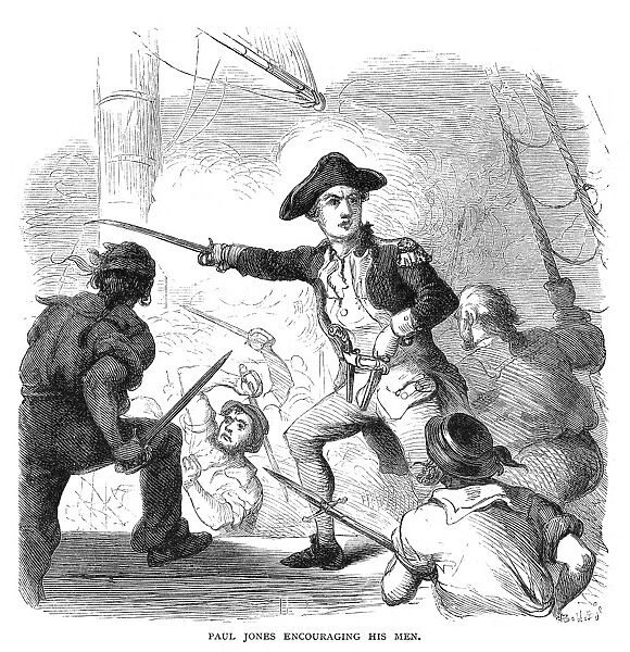 American (Scottish-born) naval commander. Jones capturing the HMS Serapis, 23 September 1779. Wood engraving, c1875, after Felix O. C. Darley