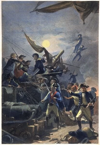 American (Scottish-born) naval officer. Jones capturing the HMS Serapis, 23 September 1779. Steel engraving, American, 19th century, after a painting by Alonzo Chappel