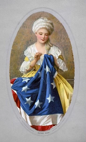 American seamstress and patriot. Betsy Ross sewing the first American flag. Color lithograph after a painting by G. Liebscher