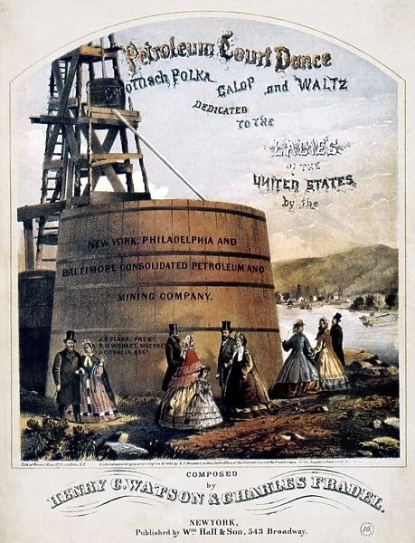 American songsheet cover of Petroleum Court Dance, 1865, depicting an oil well