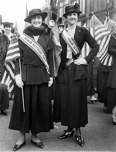 AMERICAN SUFFRAGISTS. Playwright Mercedes de Acosta and her sister demonstrating for womens suffrage during World War I