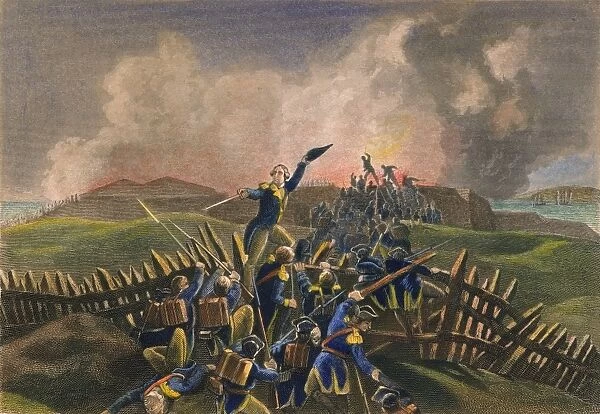 American troops under General Anthony Wayne surprising and capturing the British garrison at Stony Point, New York, on 16 July 1779. Steel engraving, American, 1857