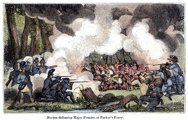 American troops led by Francis Marion defeat a combined British, Tory, and Hessian force at Parkers Ferry, South Carolina, 30 August 1781. Wood engraving, 1844