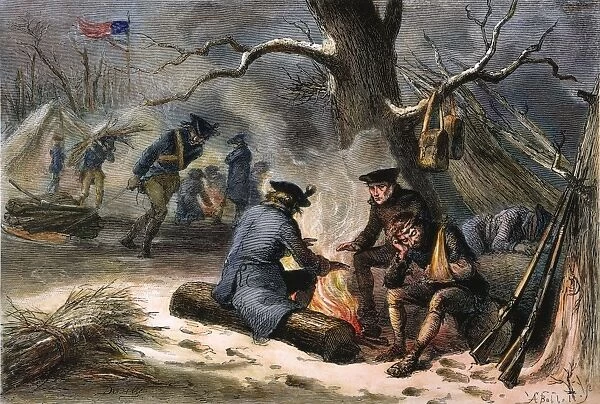 American troops at Valley Forge during the winter of 1777-78. Wood engraving, 19th century