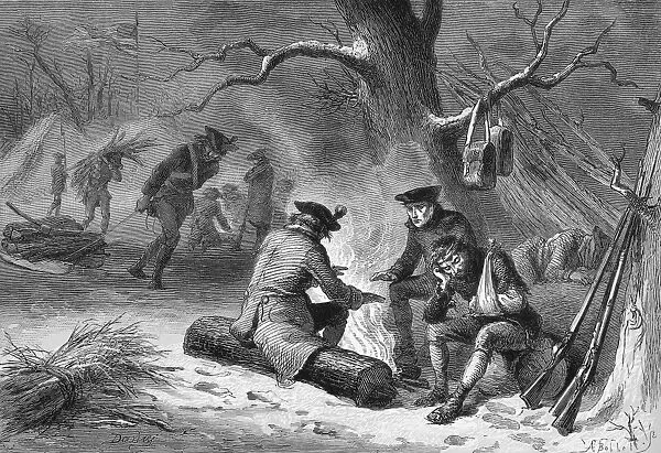 American troops at Valley Forge during the winter of 1777-78. Tinted wood engraving, 19th century