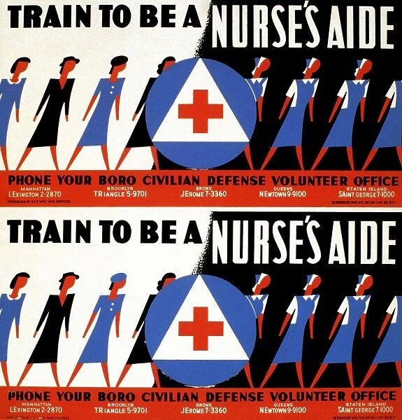 American World War II poster for the Civilian Defense Volunteer Offices in New York City, c1942, encouraging women to become nurses aides. Silkscreen for the Works Progress Administrations Federal Art Project