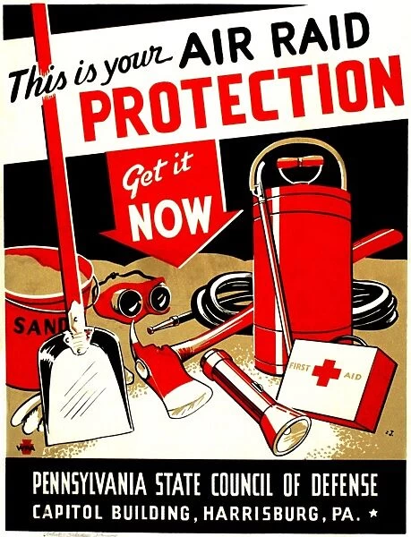 American World War II poster for the Pennsylvania State Council of Defense, c1943, encouraging civilians to be properly prepared for air raids. Silkscreen by Zebedee Johnson for the Works Progress Administrations Federal Art Project