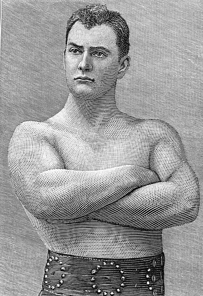 American wrestler. Line engraving, 1893