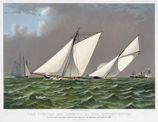 AMERICAs CUP, 1885. The American winner, Puritan with the English challenger Genesta on the homestretch of their second and final international race on 16 September 1885. Color lithograph by Currier & Ives, c1885