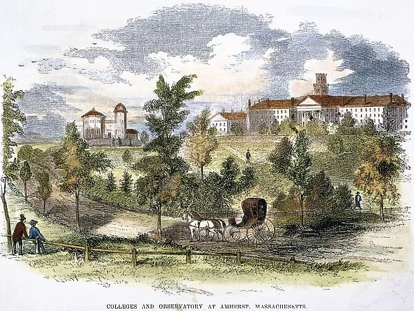 AMHERST COLLEGE, 1855. Colleges and observatory in Amherst, Massachusetts: wood engraving, American, 1855
