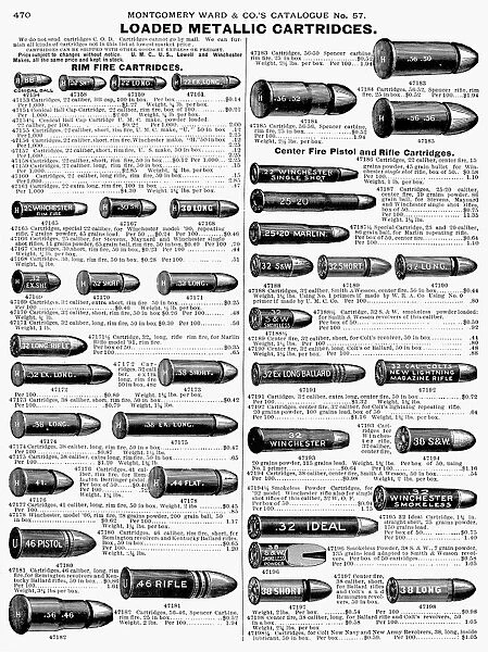 AMMUNITION, 1895. Advertisement for metallic cartridges from a Montgomery Ward catalog of 1895