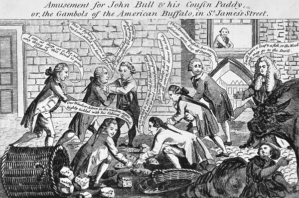 Amusement for John Bull & his cousin Paddy, or, the gambols of the American buffalo in St. Jamess Street. English satirical engraving, 1 May 1783