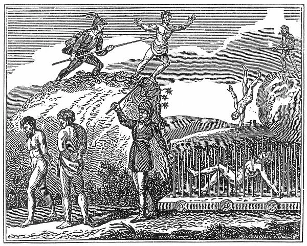 ANABAPTISTS IN ITALY being forced to jump to their deaths. Wood engraving by A. Anderson form an early 19th century edition of Foxes Book of Martyrs