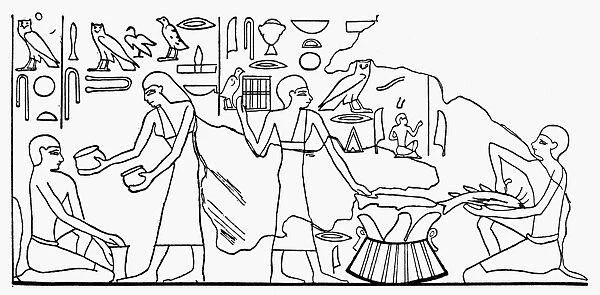 ANCIENT EGYPT: FISH DEALER. A fish dealer cleaning a fish while he haggles about