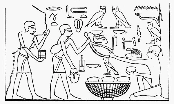 ANCIENT EGYPT: MARKET. A customer offering a collarette to a dealer in cakes at the market
