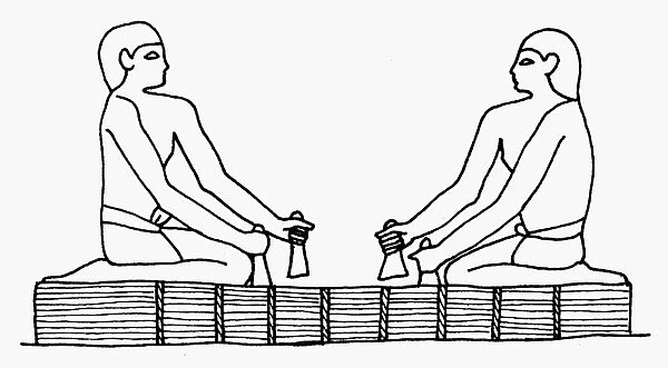 ANCIENT EGYPT: PAPYRUS. Two men hammering strips of papyrus reed to form a continuous sheet