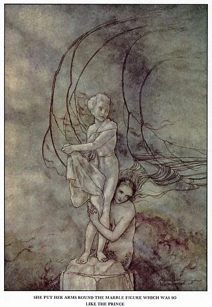 ANDERSEN: LITTLE MERMAID. She put her arms round the marble figure which was so like the prince. Drawing by Arthur Rackham for the fairy tale by Hans