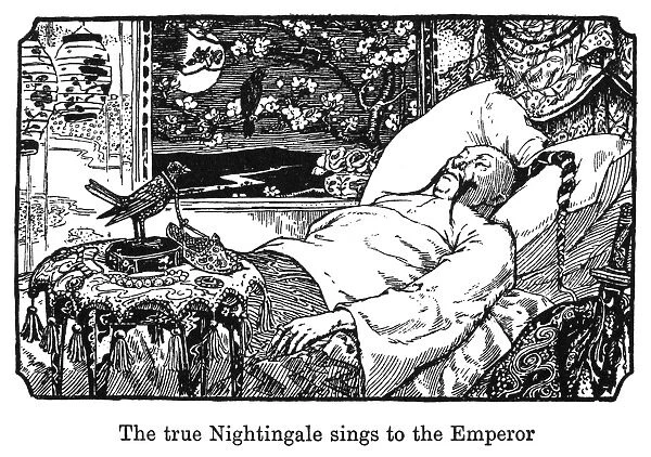 ANDERSEN: THE NIGHTINGALE. The true nightingale sings to the Emperor. Drawing by Henry J
