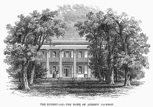 Andrew Jacksons home at the Hermitage, near Nashville, Tennessee. Wood engraving, 19th century